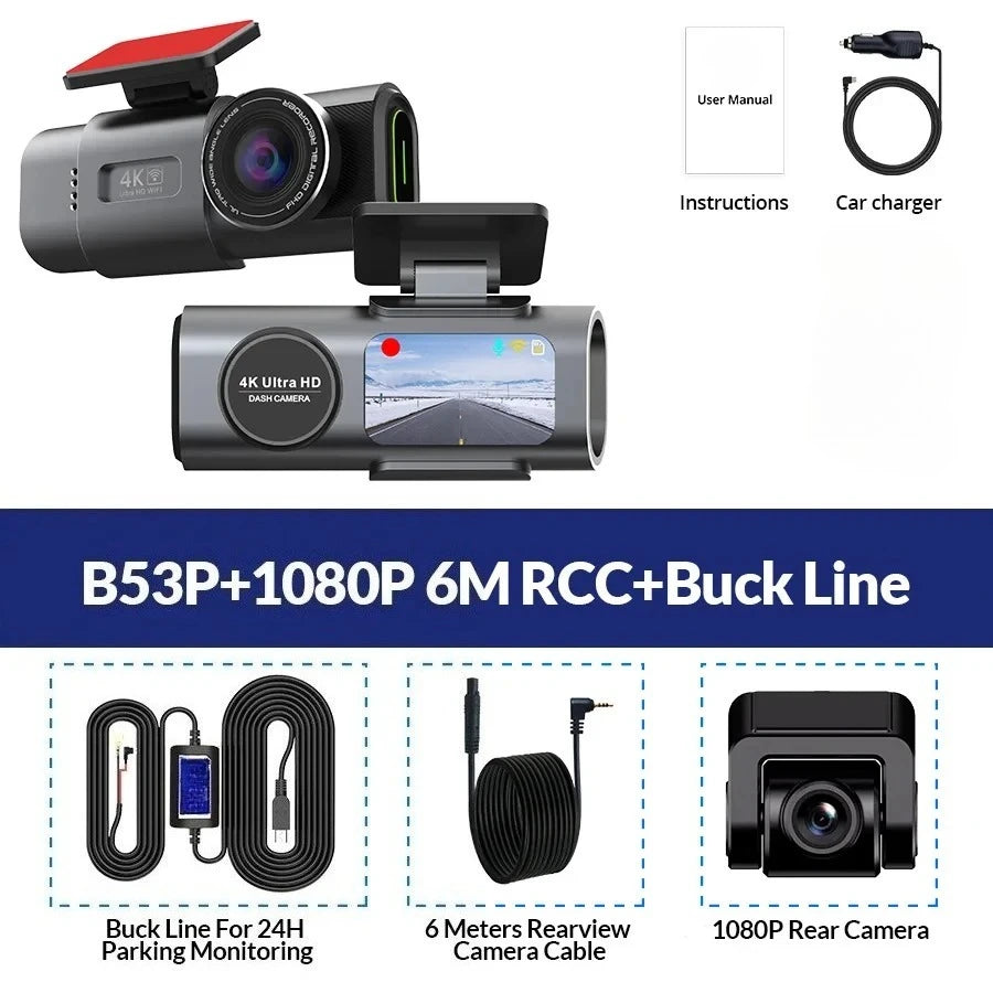 Dash Cam 4K UHD Recording Car Camera DVR Night Vision Video Recorder Built-In Wi-Fi Support GPS 24H Parking