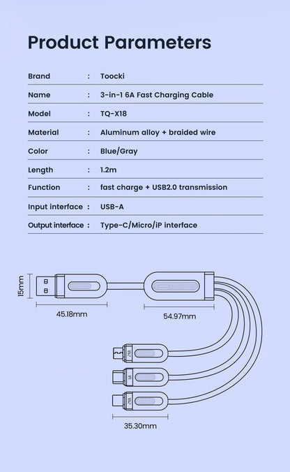 Toocki 3 in 1 USB C Cable 6A Fast Charge for Huawei Honor Micro USB Lightning Charger Cord for iPhone 14 Samsung Xiaomi Oneplus