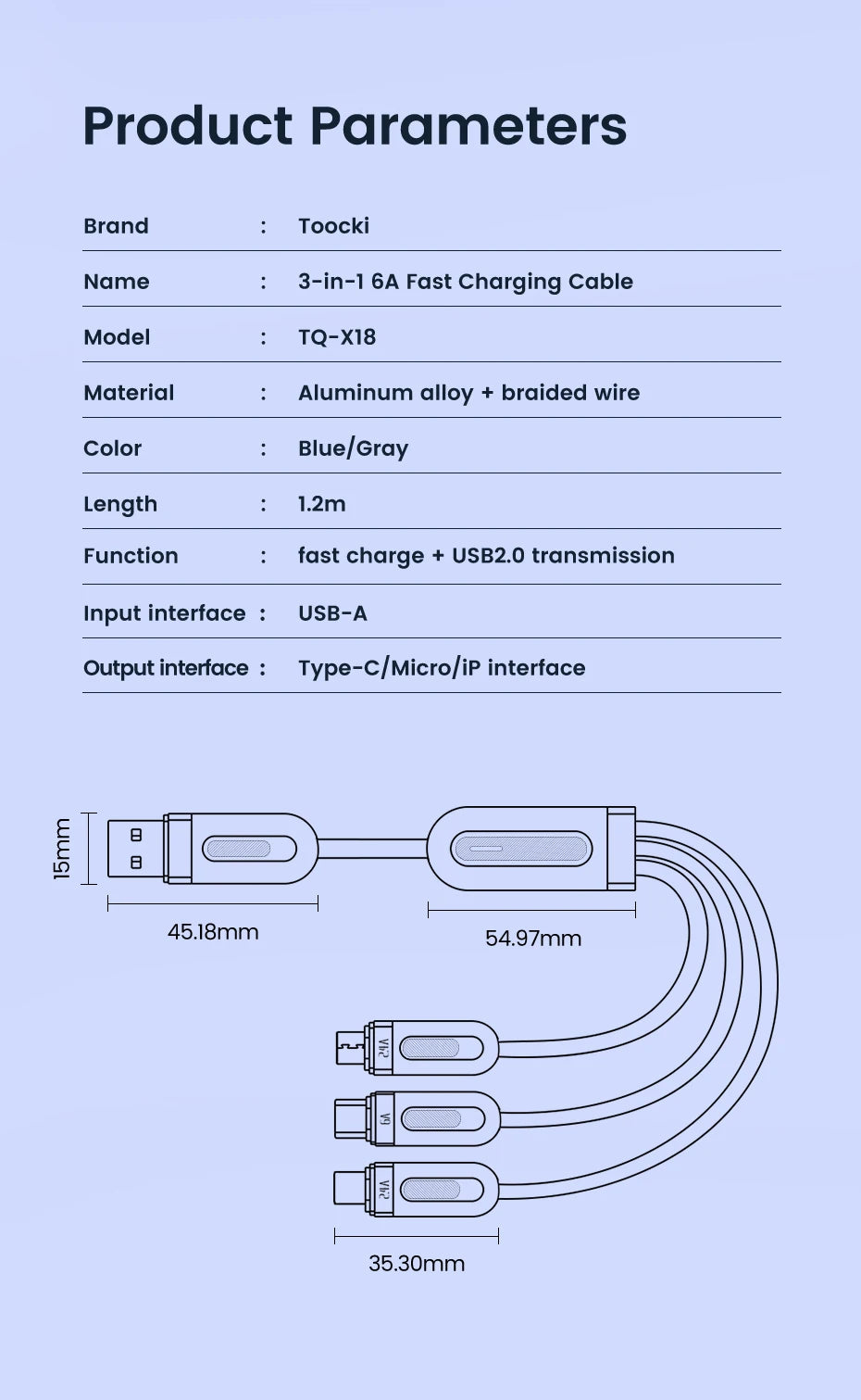 Toocki 3 in 1 USB C Cable 6A Fast Charge for Huawei Honor Micro USB Lightning Charger Cord for iPhone 14 Samsung Xiaomi Oneplus