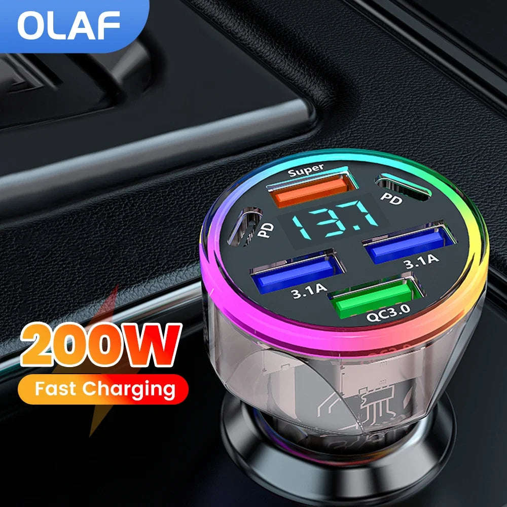 200W Multi-Port Car Charger Colorful Car Cigarette Lighter Adapter USB Type C Fast Charge For IPhone Xiaomi Huawei Samsung QC3.0