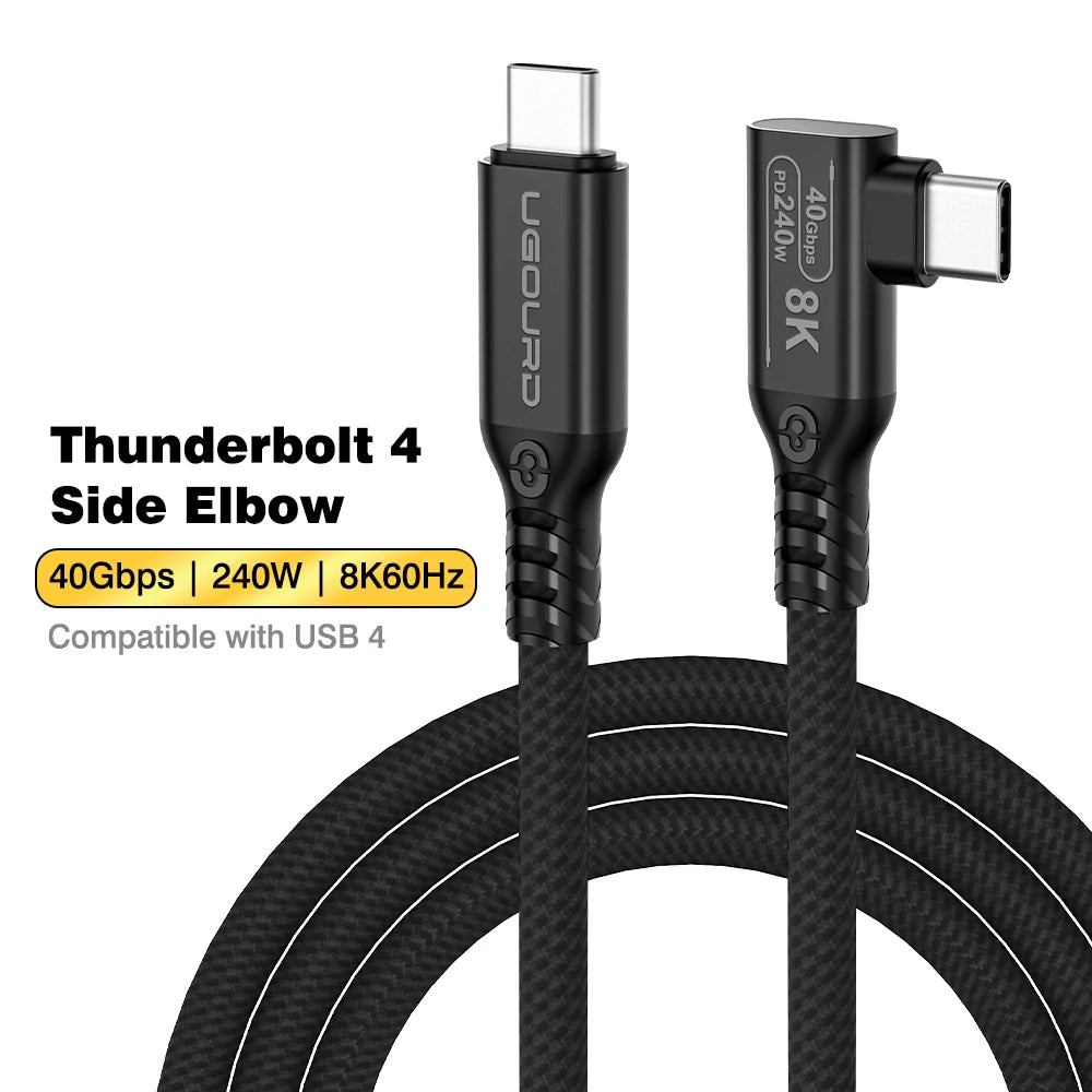 UGOURD Thunderbolt 4 Elbow USB4 Cable 40Gbps PD240W 8K@60Hz Type C to C 90 Degree Side Vertical Bend Braided Cable for SSD EGPU
