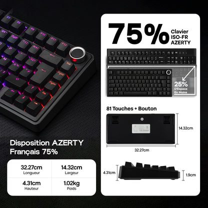 ISO-FR Layout AULA F75 75% AZERTY French Layout Wired/Bluetooth/2.4G Wireless Mechanical Gaming Keyboard RGB Backlighting 4000mAh Battery For Win/Mac