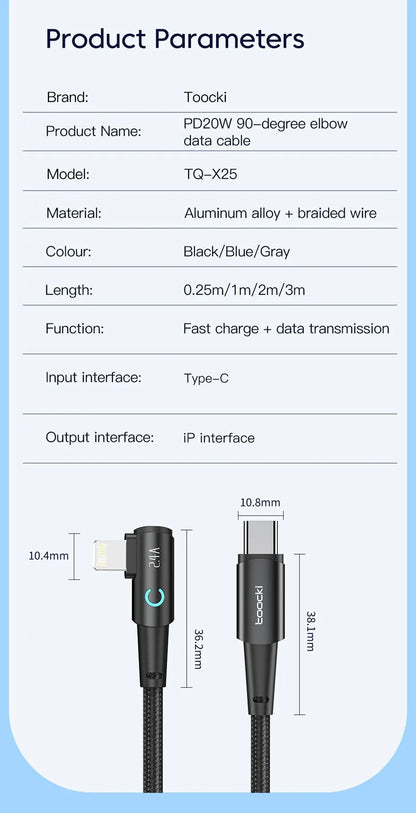 Toocki 20W PD 3.0 USB C Cable for iPhone 15 14 13 12 Pro Max Fast Charging Charger for MacBook iPad Pro Max Lightning Wire Cord