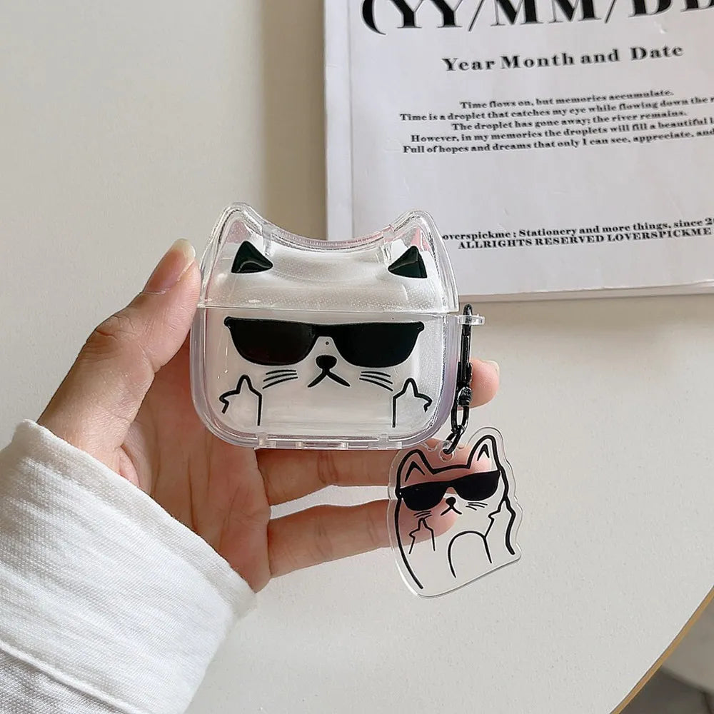Cute Cartoon Sunglasses Cat Earphone Case For Airpods Pro 2 Bluetooth Headphone Cover For AirPods 4 3 2 Protective Case Keychin