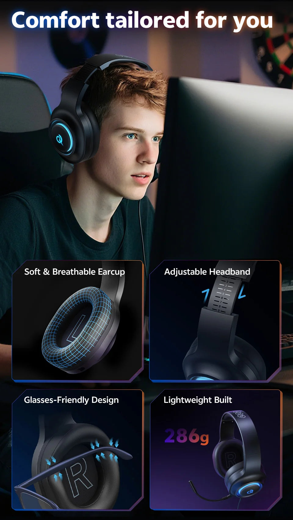 QCY Heroad V200 Over Ear Headphones 50mm Driver 7.1 Surround Sound Headset Wireless Bluetooth 6.0 Earphones for PC Laptop PS4/5