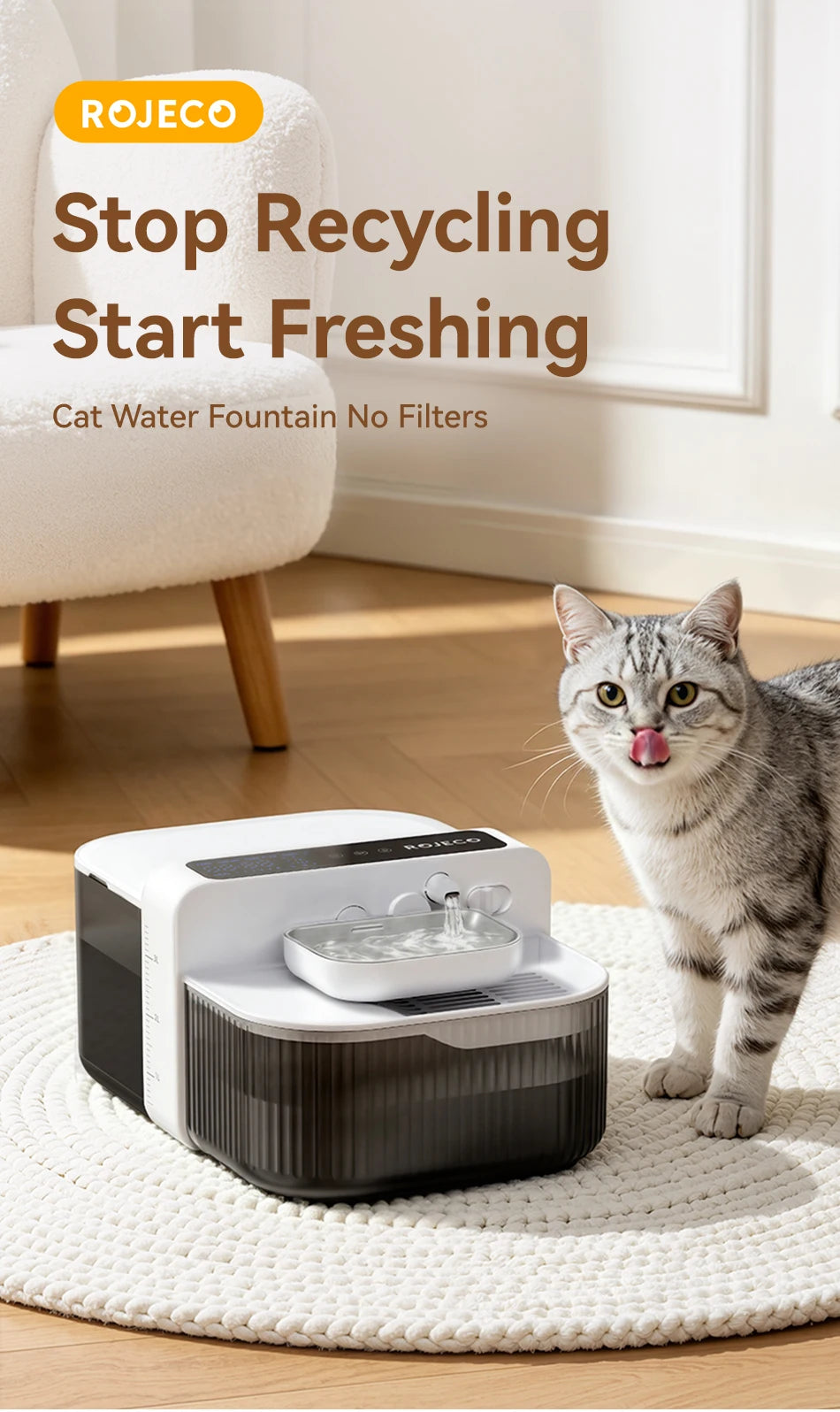 ROJECO Wireless Cat Water Fountain Smart Pet Water Dispenser for Cat 2000mAh Automatic Sewage Separation Cat Drinking Fountain