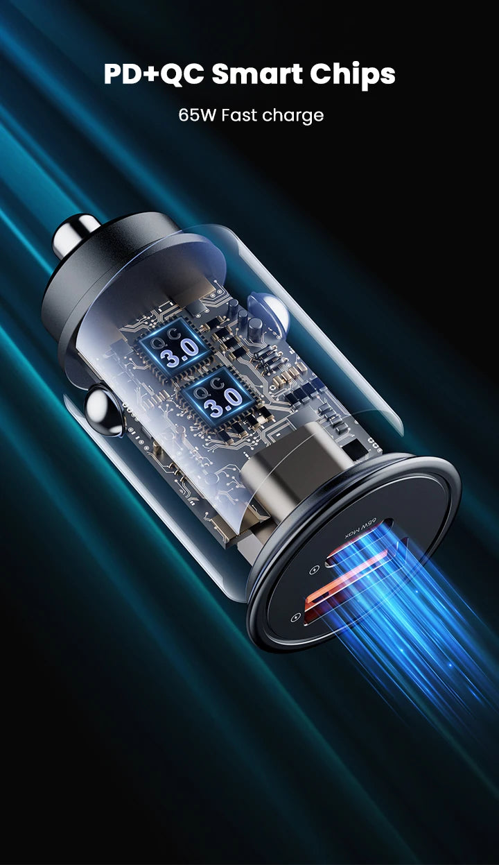 Vyvylabs 65W Car Charger Zinc Alloy Mini USB-A Type-C Fast Charging Adapter DC12V-24V Car Max 65W for iPhone 17 Samsung Huawei