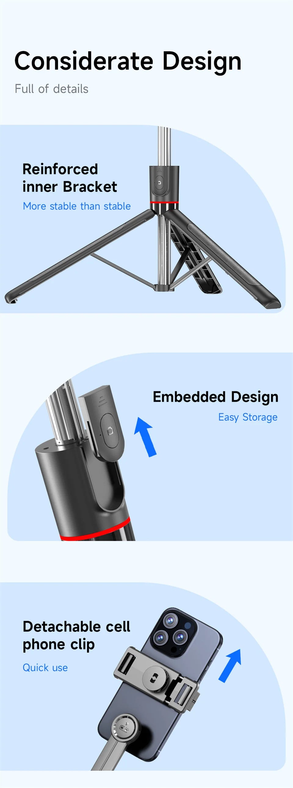 FANGTUOSI Selfie Stick Tripod with Bluetooth Remote, 6-Section Extendable Pole, 360° Rotation, Fill Light Option, for Phone Vlog
