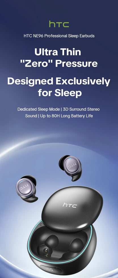HTC NE96 Bluetooth 6.0 Wireless Earbuds Noise Cancelling Sleep Headphones 30H Battery Life Premium Acoustic Tuning Ultra-light