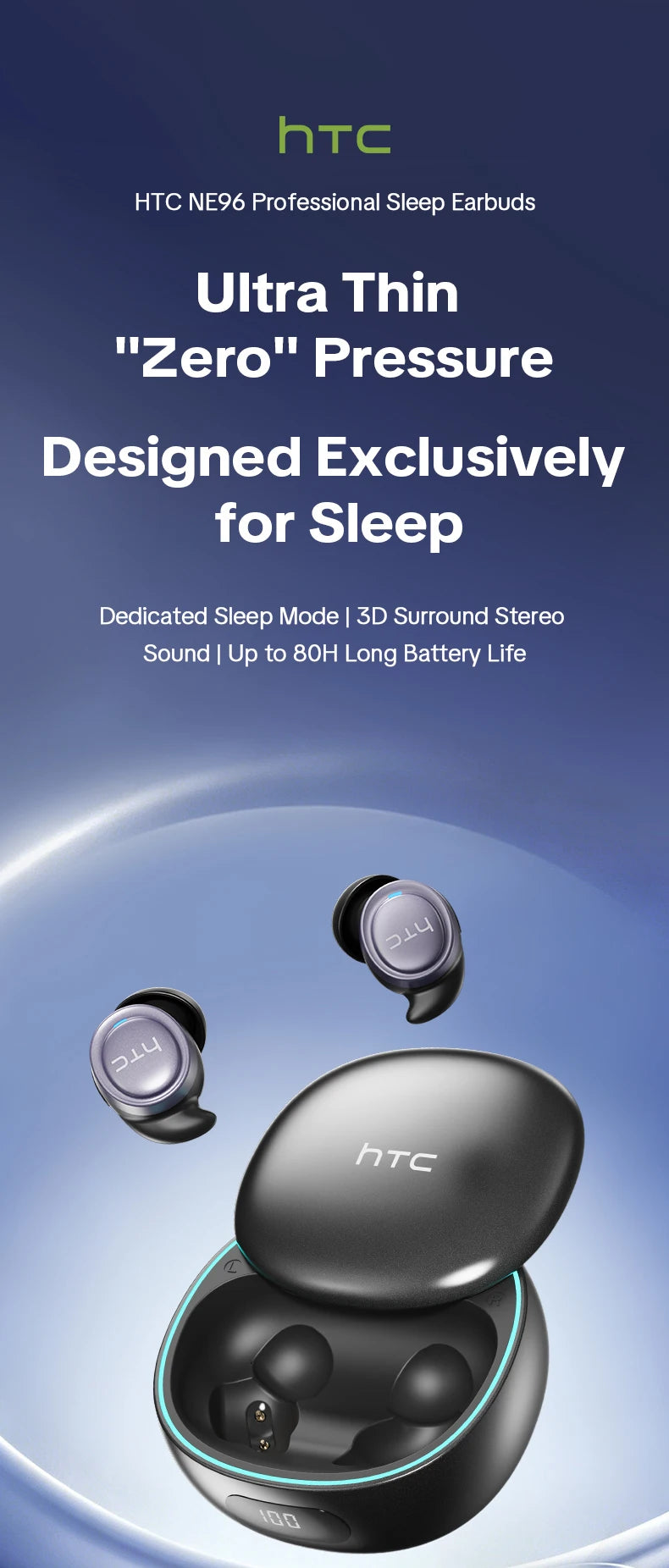 HTC NE96 Bluetooth 6.0 Wireless Earbuds Noise Cancelling Sleep Headphones 30H Battery Life Premium Acoustic Tuning Ultra-light
