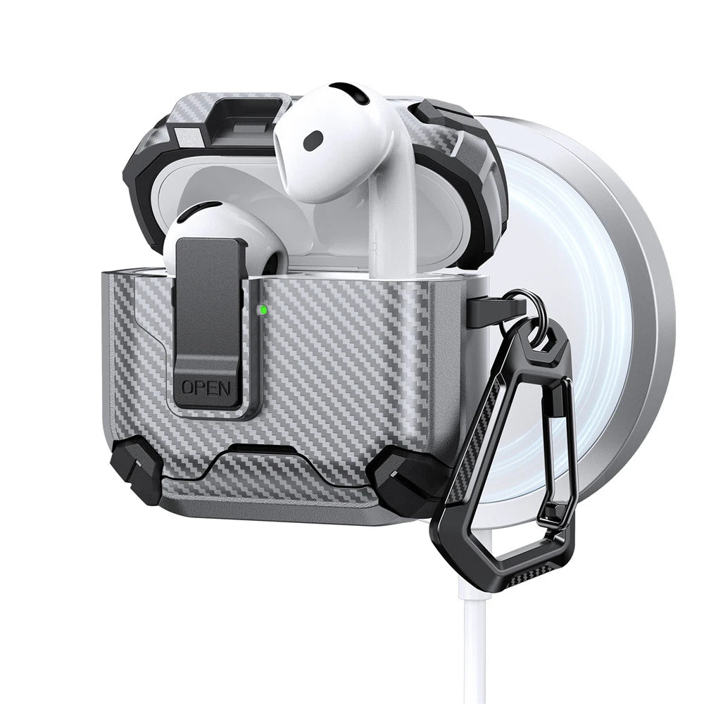 Safety Lock Carbon Fiber Phone Holder Bluetooth Headset Cover For AirPods 4 Pro 3 2 Anti Fall Protective Earphone Case With Hook