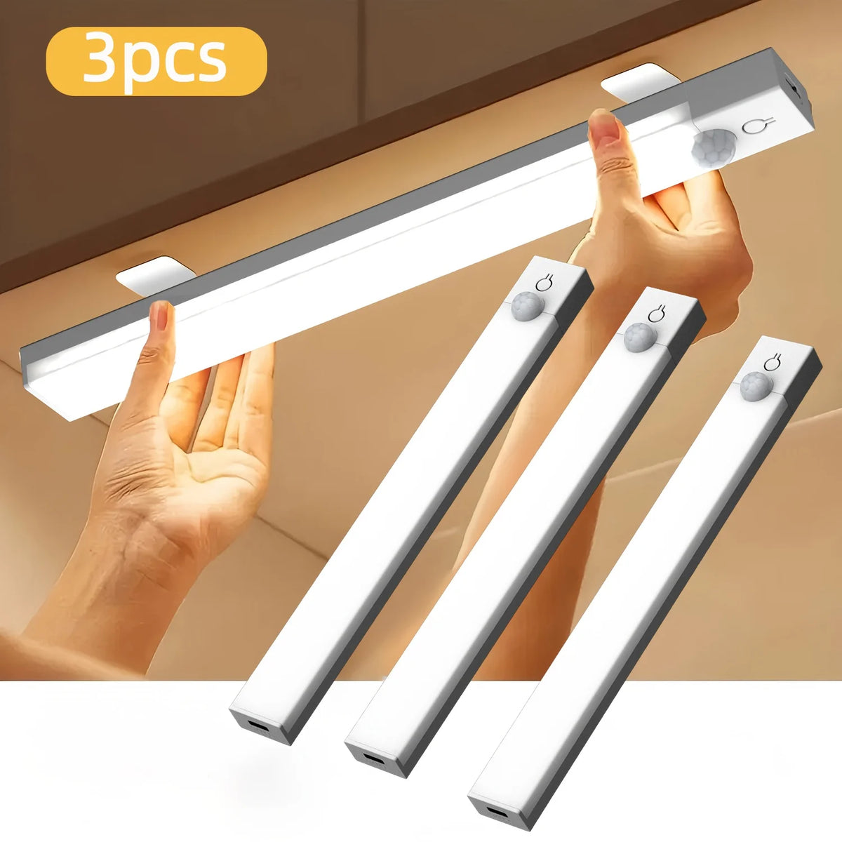 3pcs LED Motion Sensor - Dimmable Cabinet Lights, USB Rechargeable,3Color Modes,Night Light, for Bedroom,Staircase, Kitchen,Room