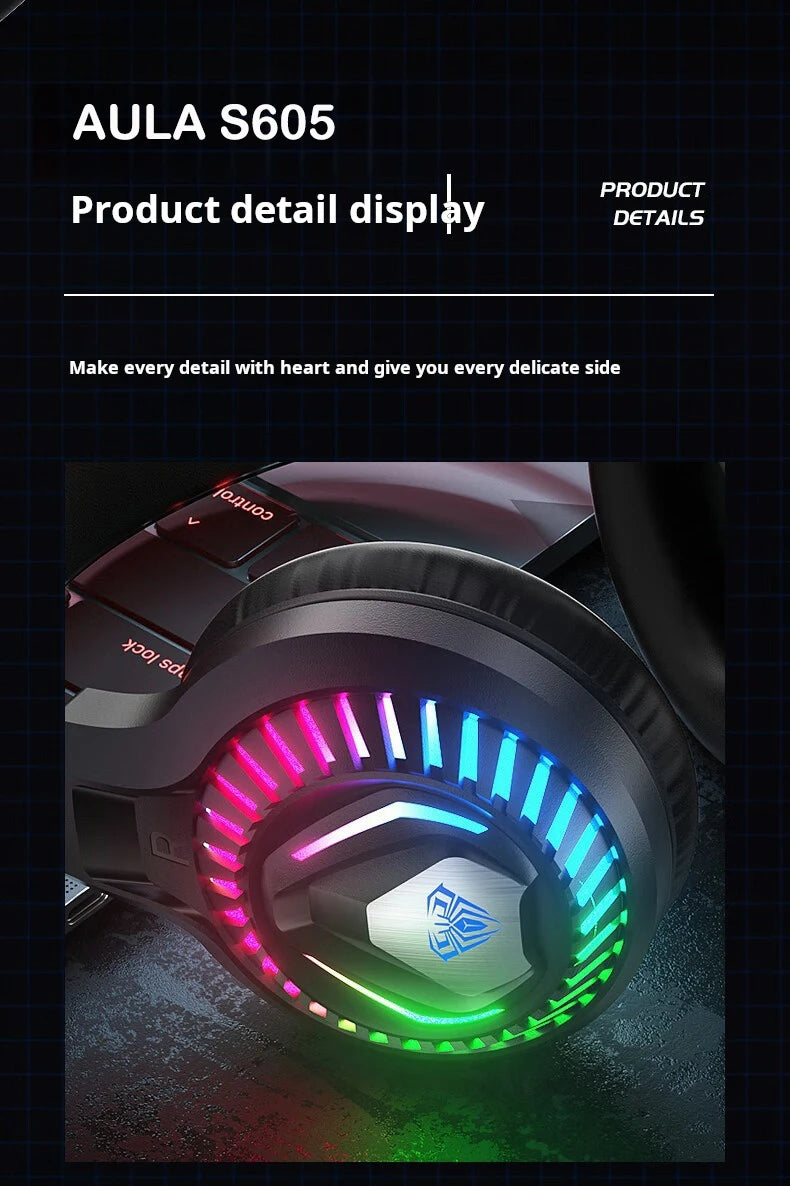 AULA S605 Wired Gaming Headset 50mm Driver Dual 3.5mm+USB RGB Bass for PC/Laptop/PS4/Over-Ear Headphones