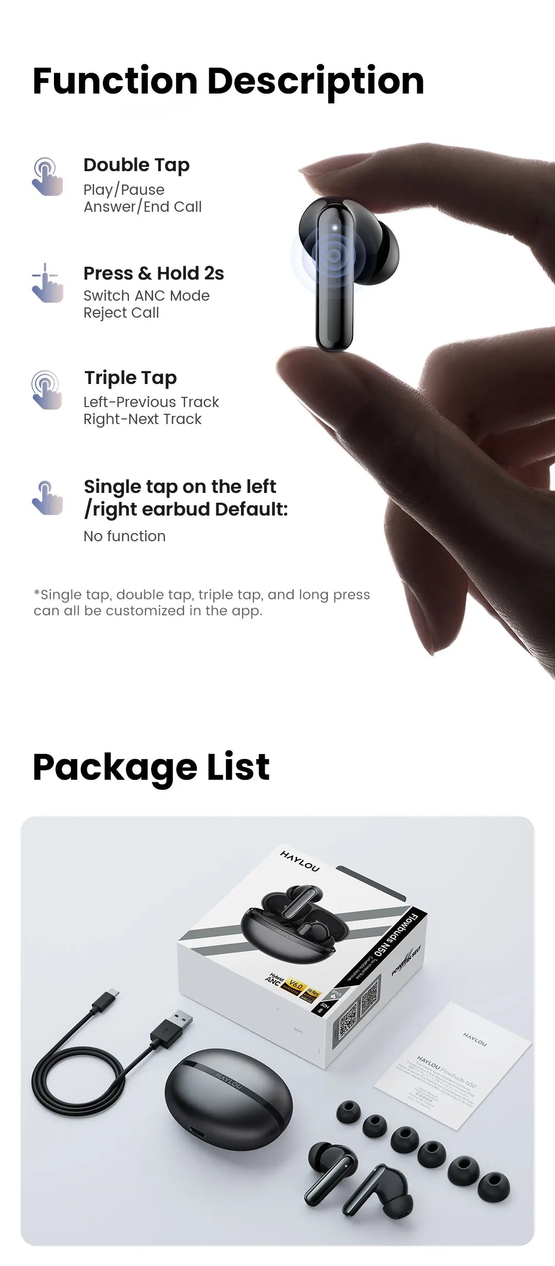 HAYLOU Flowbuds N50 ANC Bluetooth 6.0 Wireless Earphones Active Noise Cancellation 6 Mics AI Claer Call Earbuds 32H Playtime