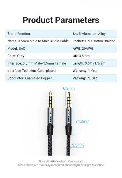 Vention 3.5mm Jack Audio Cable Male to Male 3.5mm Audio Aux Cable Jack for Phone Car Headphones Speaker Cable Wire Line Aux Cord