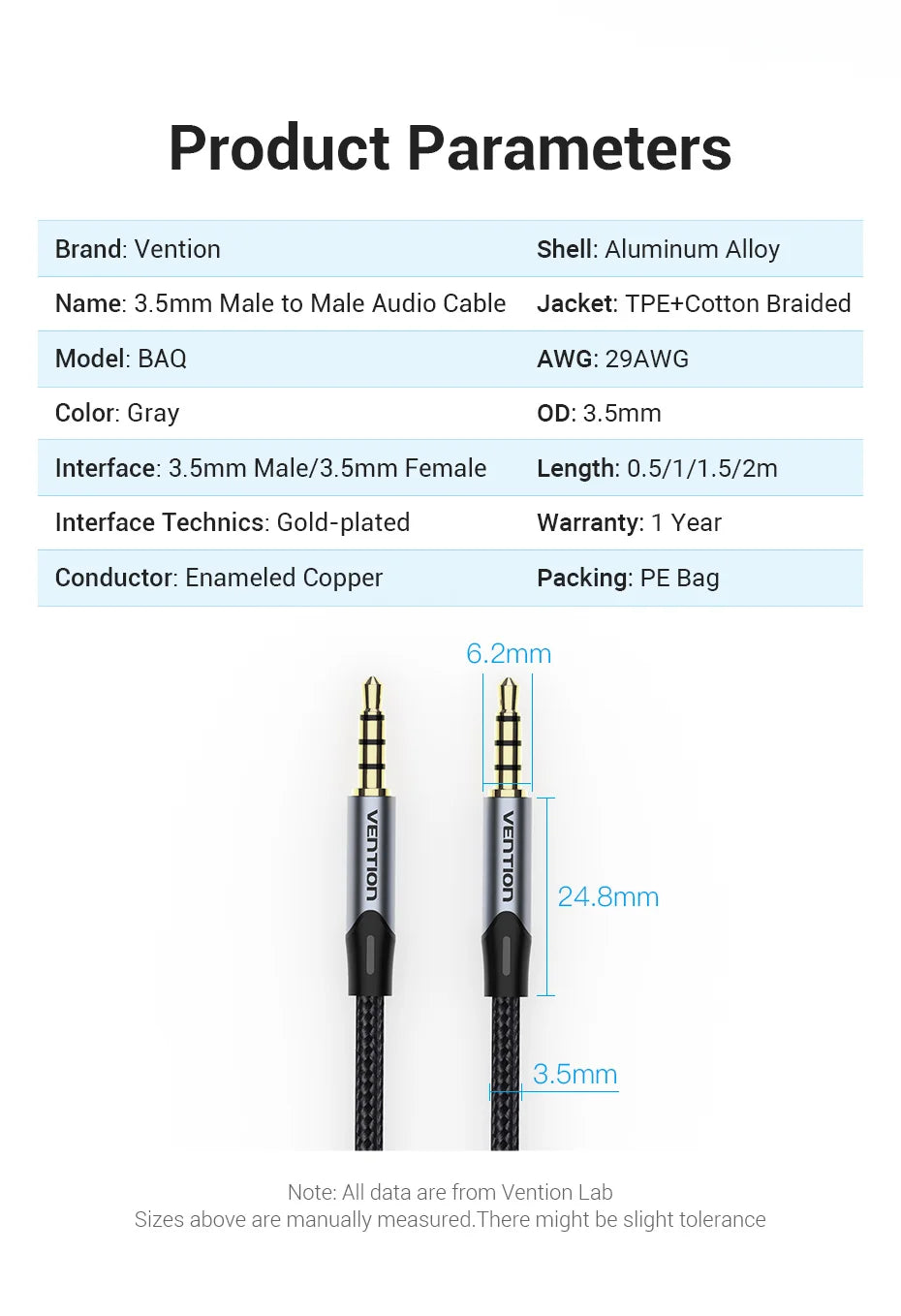 Vention 3.5mm Jack Audio Cable Male to Male 3.5mm Audio Aux Cable Jack for Phone Car Headphones Speaker Cable Wire Line Aux Cord