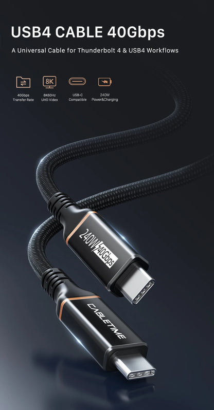 CABLETIME USB C to USB C Cable PD 240W Thunderbolt 4 40Gbps Type C to C 8K 60Hz Cable for Macbook Pro Fast Charge Cable