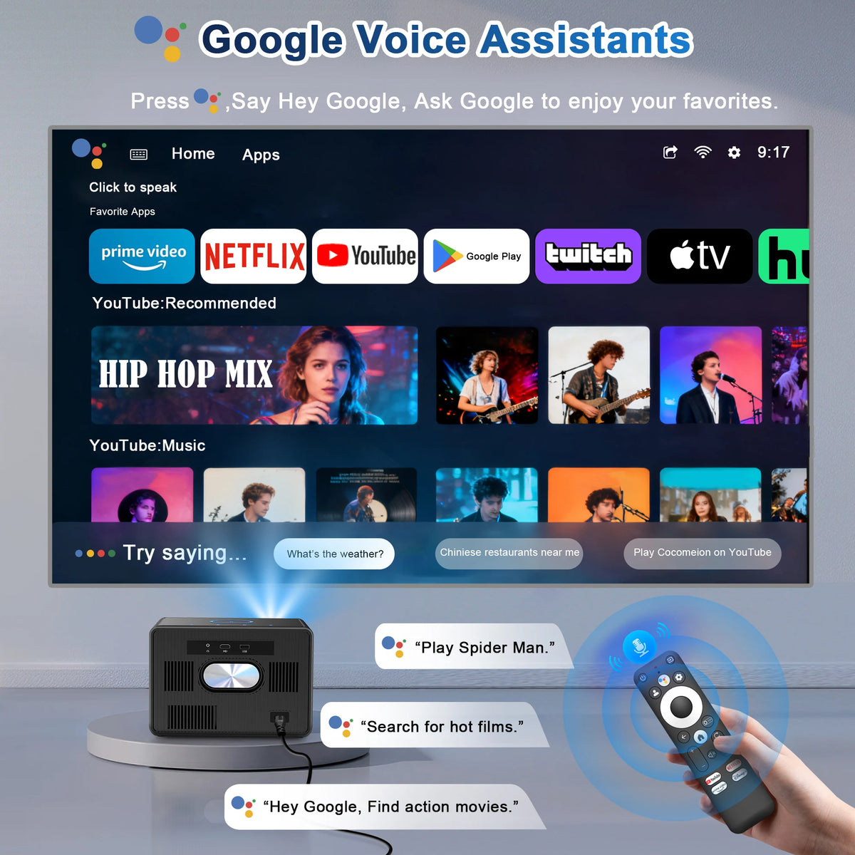 HORLAT Sealed Optical Google TV Projector 3500ANSI Bluetooth Voice Control Auto Focus WiFi 6 4K UHD Home Theater Movie Projector