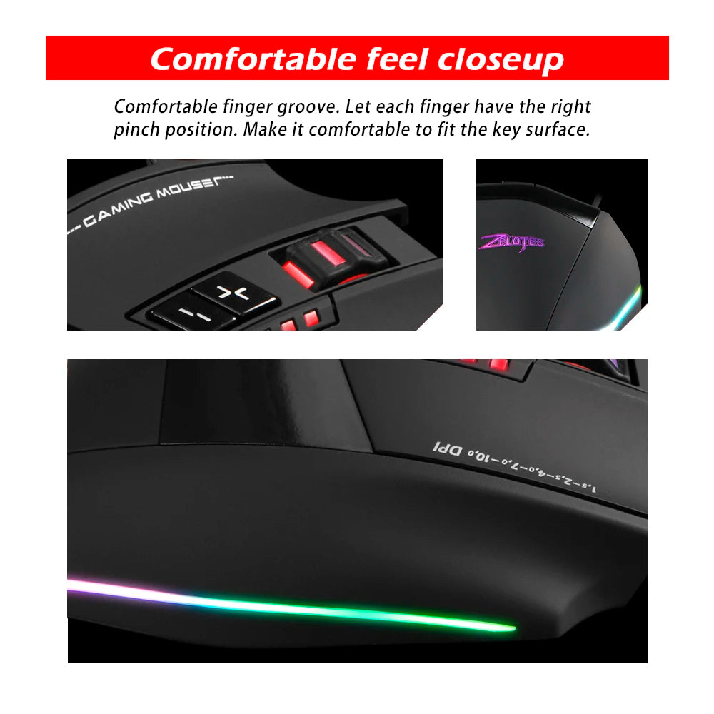ZELOTES C13 Wired Mouse 10000DPI Programmable Gaming Mouse 13 Buttons RGB Light Laser Mouse for Gamer Computer PC Laptop