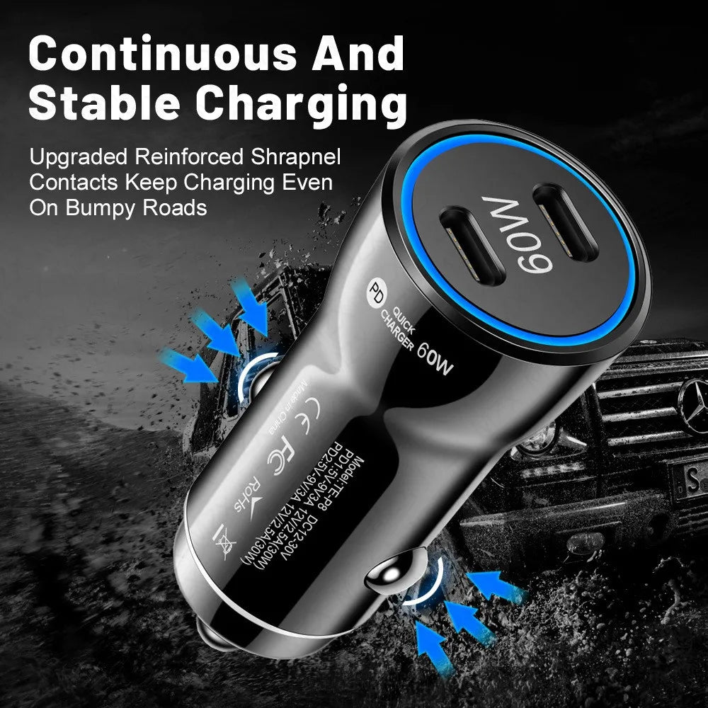 MZX 60W 48W 30W Duar Car Charger PD USB A Type C Smart Quick Charge 12V 24V Cigar Lighter Ultra QC 3.0 Charging for Cell Phone
