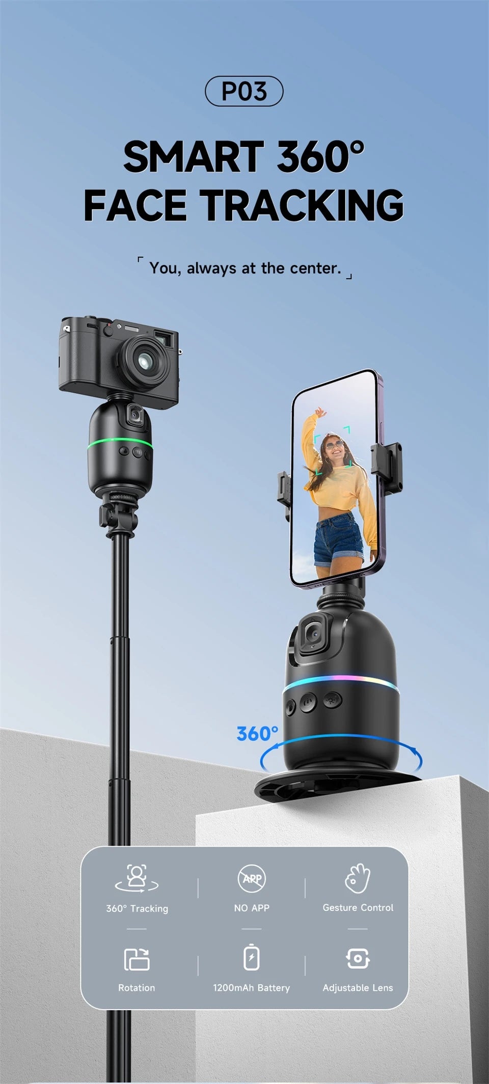 Selfie Stick Stabilizer 360° Auto Face Tracking AI Gimbal All-in-One Desktop Phone Holder Tripod for Smartphone Video Vlog Live