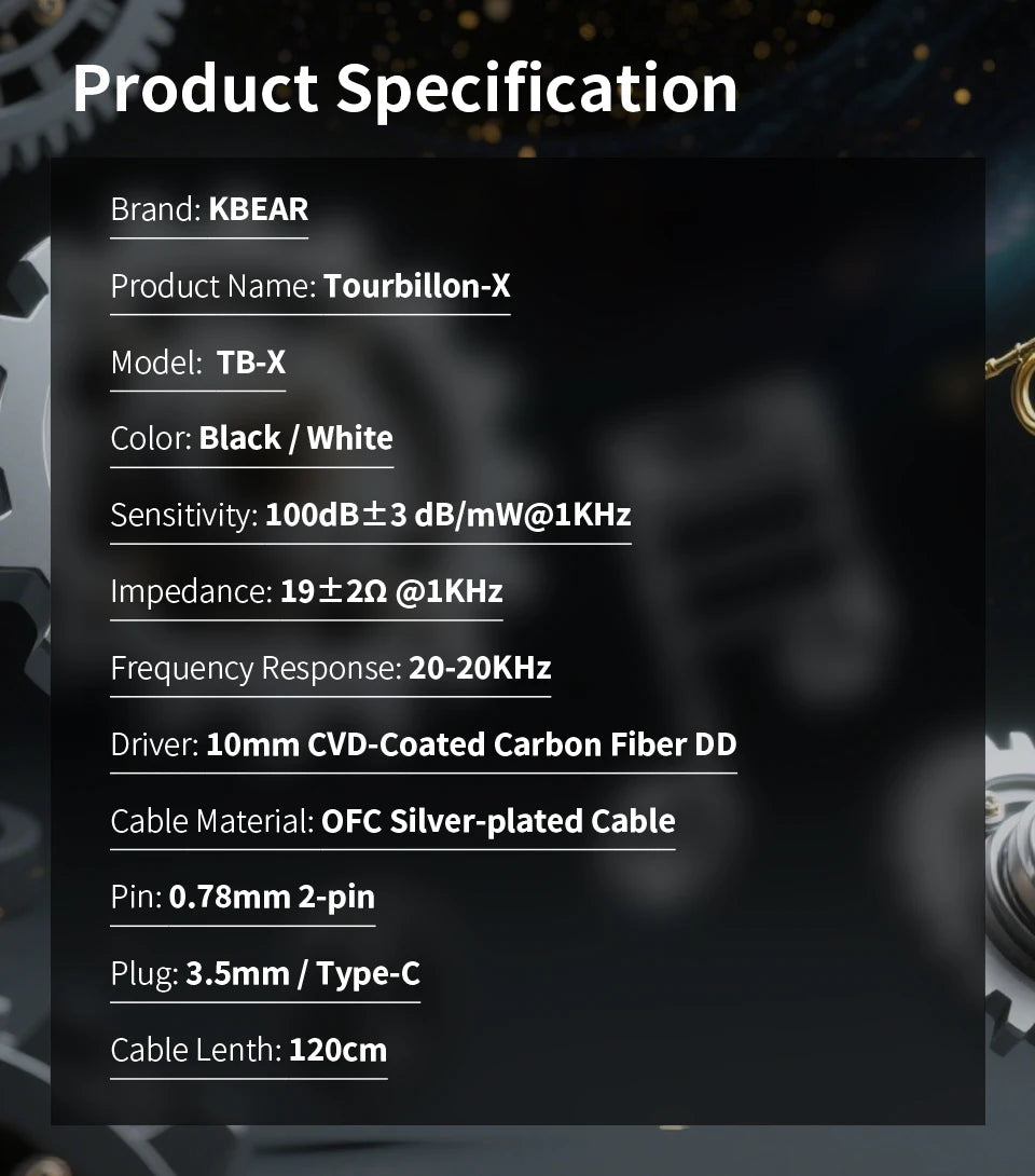KBEAR TBX Tourbillon X IEMS In-Earphone Wired Headphones 10mm CVD-Coated Carbon Fiber Diaphragm Deep Bass Gaming Headset