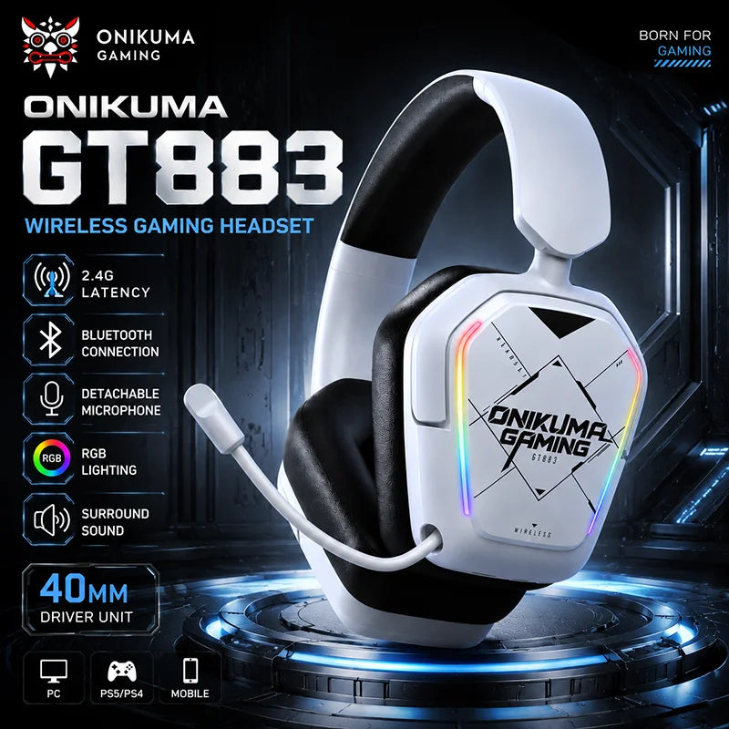 ONIKUMA GT883 Wireless Headset Gaming Headphones Four Mode Bluetooth 5.4 2.4G Low Latency RGB Light Foldable Earphones With Mic