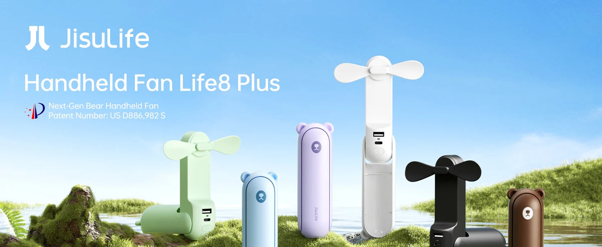 JISULIFE Portable Fan Mini Handheld Fan USB 4500mAh Recharge Hand Held Small 3 In1 Pocket Fan with Power Bank Flashlight Feature