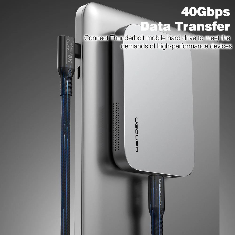 UGOURD Thunderbolt 4 Elbow USB4 Cable 40Gbps PD240W 8K@60Hz Type C to C 90 Degree Side Vertical Bend Braided Cable for SSD EGPU