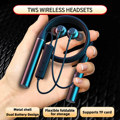 Neck-mounted TWS sports Bluetooth earphones with a metal casing, memory neckband, bendable and portable. Supports TF card playback for music. Dual battery design for ultra-long battery life. Supports simultaneous connection t