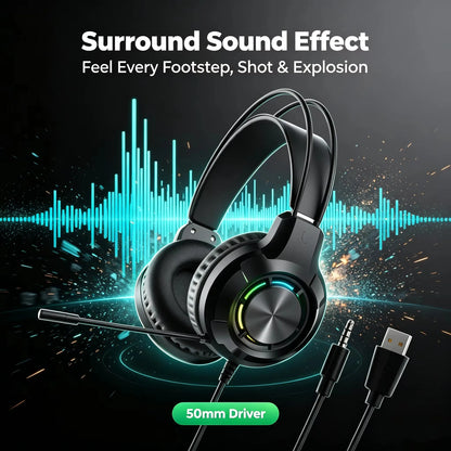 Over-Ear Gaming Headphone 7.1 Surround Sound ENC Noise Cancelling Mic RGB LED Wired Headset for PC PS4 PS5 Xbox Laptop Desktop