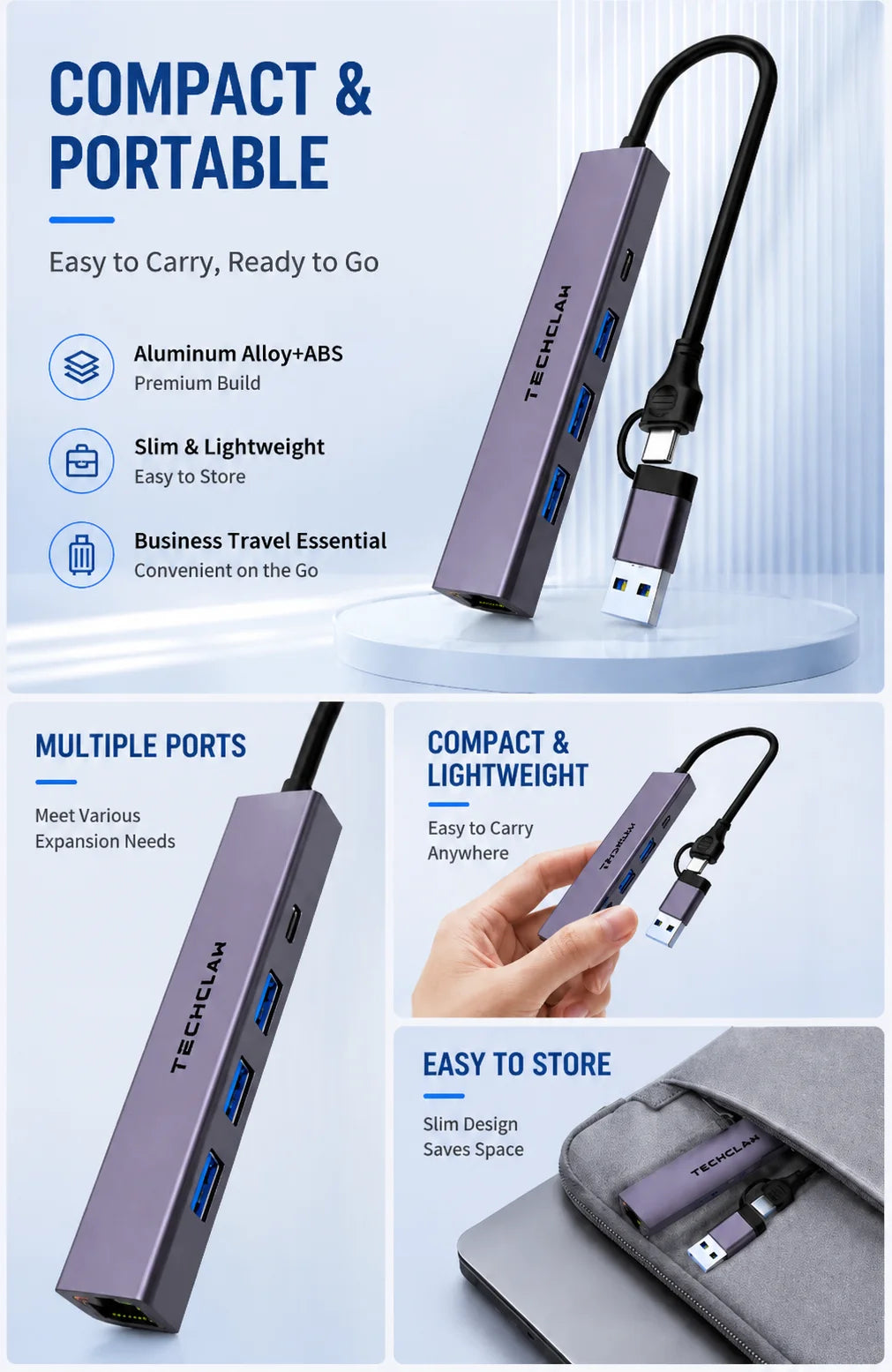 TECHCLAW USB3.2 Hub USB-A+Type-C Dual Input Docking Station 3 USB Ports + RJ45 Gigabit Ethernet LAN Port Type-C Power Supply Lap