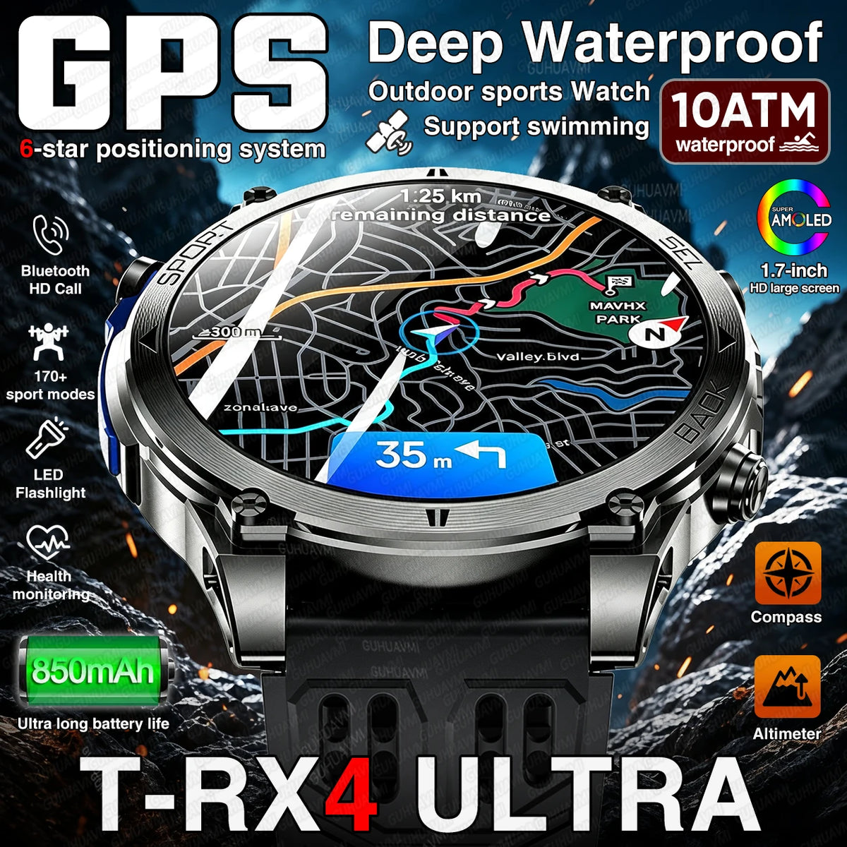 T-RX4 Ultra GPS Outdoors Military Smart Watch Men 1.7" AMOLED Compass 10ATM Waterproof 850mAh Battery Bluetooth Call Smartwatch