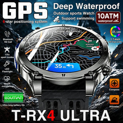 T-RX4 Ultra GPS Outdoors Military Smart Watch Men 1.7" AMOLED Compass 10ATM Waterproof 850mAh Battery Bluetooth Call Smartwatch
