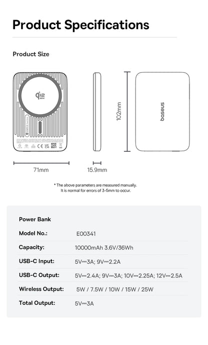 Baseus Qi2.2 Magnetic Power Bank 30W USB-C & 25W Wireless Charging 10000mAh Card-Slim NFC Battery Monitoring for iPhone Samsung