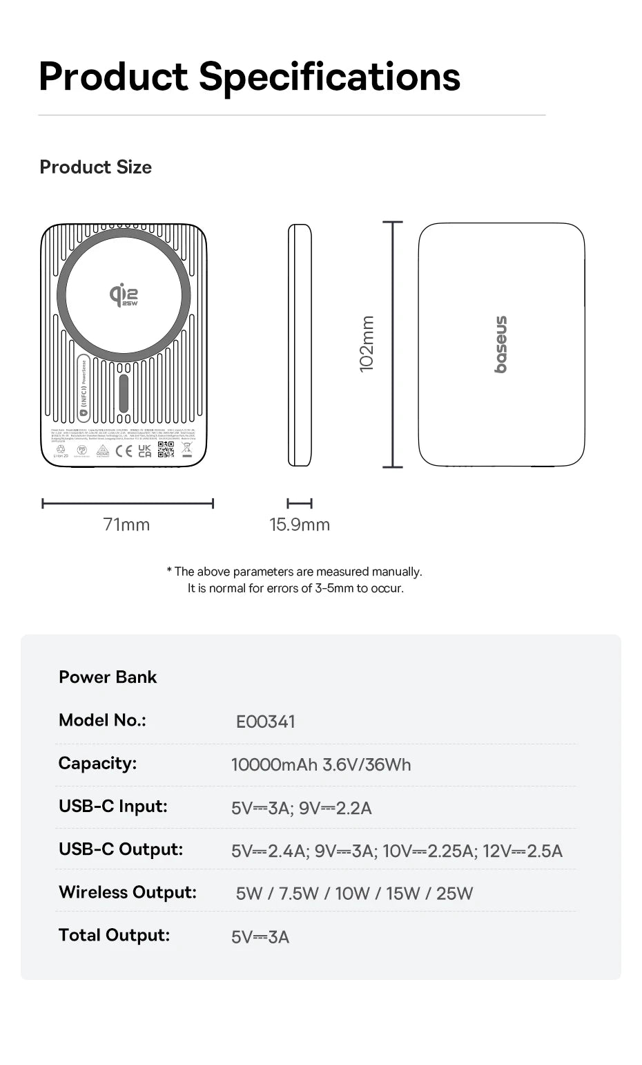 Baseus Qi2.2 Magnetic Power Bank 30W USB-C & 25W Wireless Charging 10000mAh Card-Slim NFC Battery Monitoring for iPhone Samsung