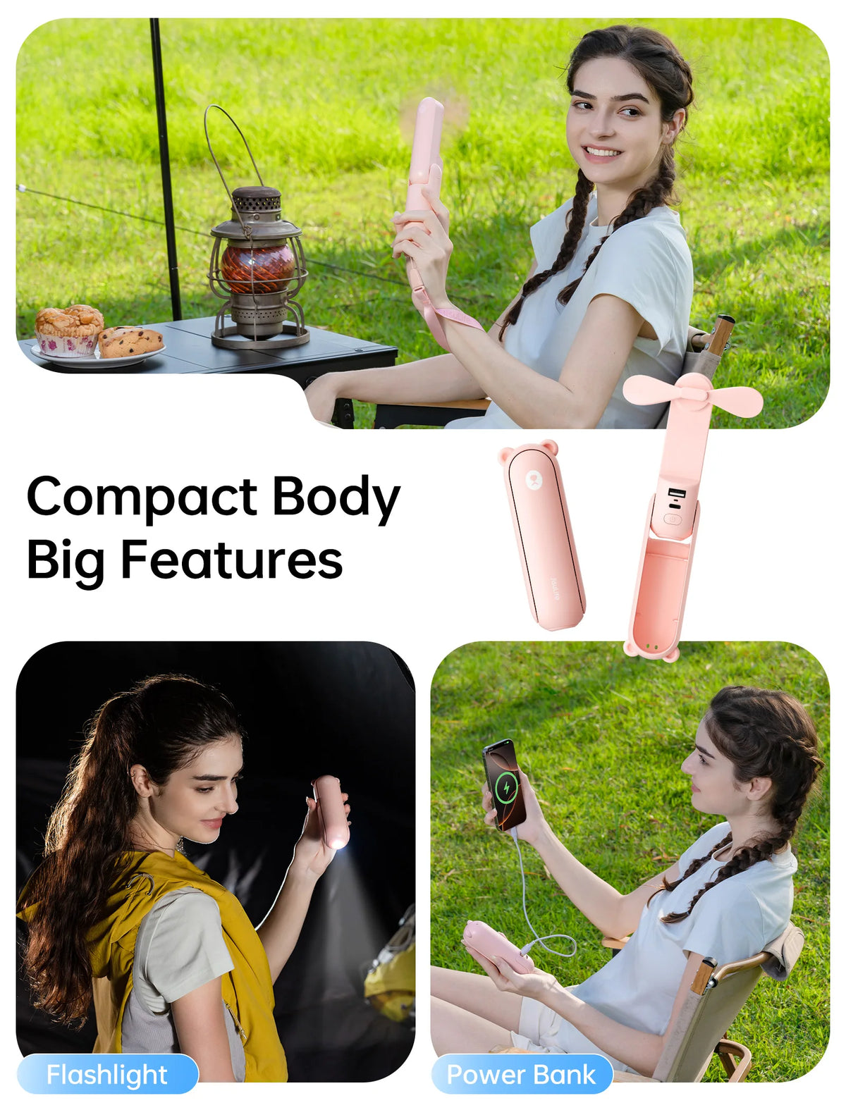 JISULIFE Portable Fan Mini Handheld Fan USB 4500mAh Recharge Hand Held Small 3 In1 Pocket Fan with Power Bank Flashlight Feature