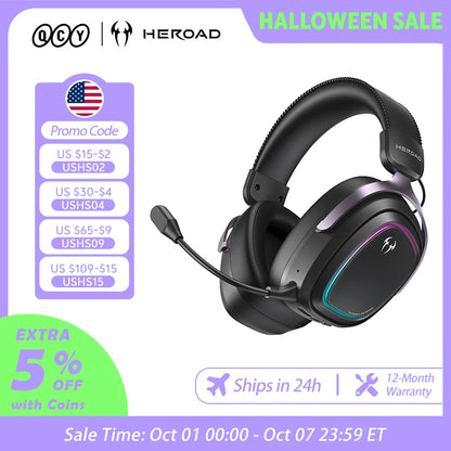 QCY Gaming Headset Heroad GT2 THX Spatial Audio+ 7.1.4 Tri-mode RGB 3-Mic ENC Over Ear Headphone for PC/PS4/PS5 Headset Gamer