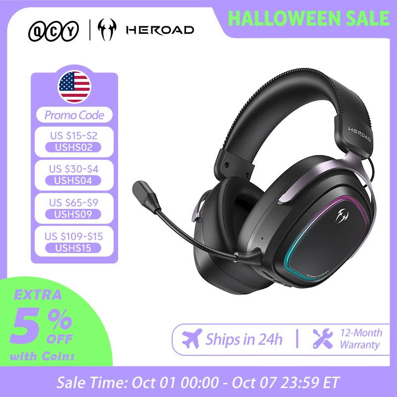 QCY Gaming Headset Heroad GT2 THX Spatial Audio+ 7.1.4 Tri-mode RGB 3-Mic ENC Over Ear Headphone for PC/PS4/PS5 Headset Gamer