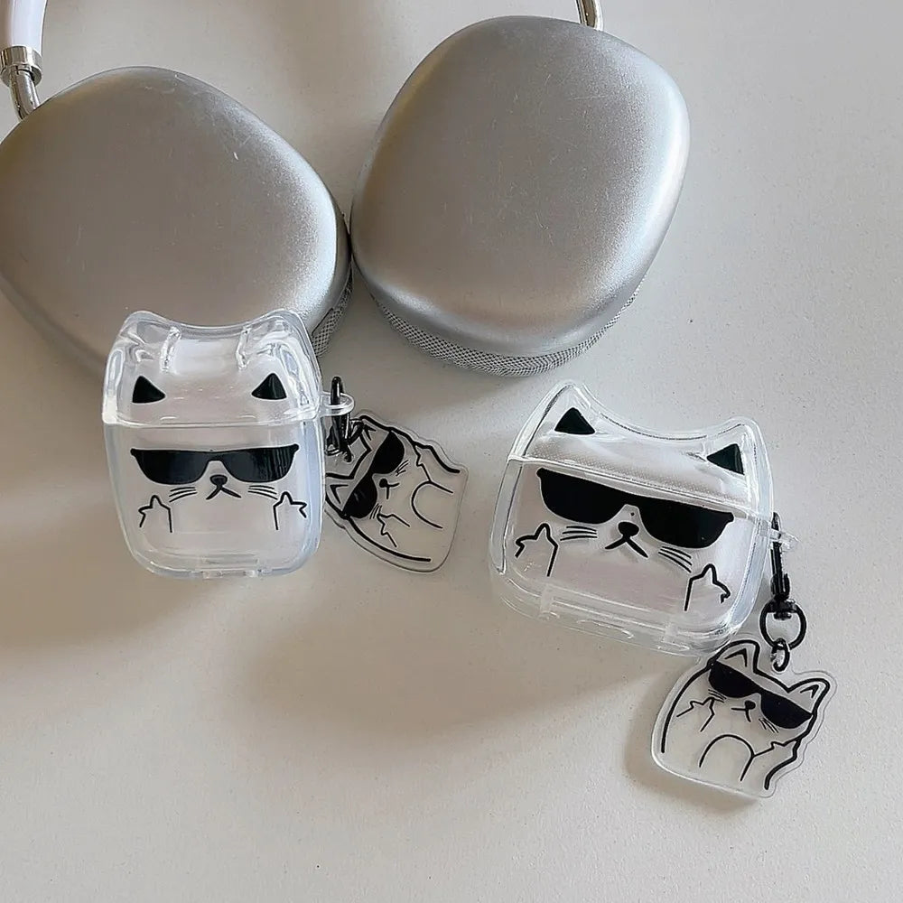 Cute Cartoon Sunglasses Cat Earphone Case For Airpods Pro 2 Bluetooth Headphone Cover For AirPods 4 3 2 Protective Case Keychin