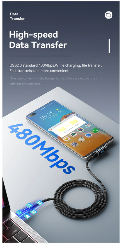 Essager PD100W USB Type C Cable 90 Degree 5A Fasting Charing For iPhone Xiaomi Samsung Huawei Laptops LED Digital Display Cable