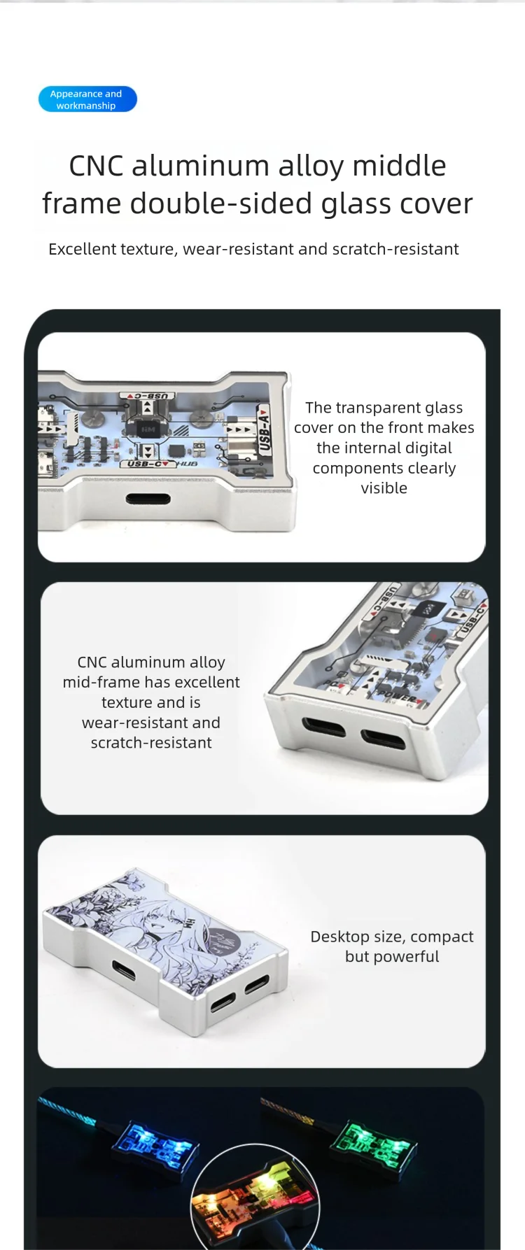 HMLAB Hub-little Gaming USB HUB 1 In 3 Out Portable Desktop Expansion Dock with Aluminum Frame & Double Glass Shell, HMHUB
