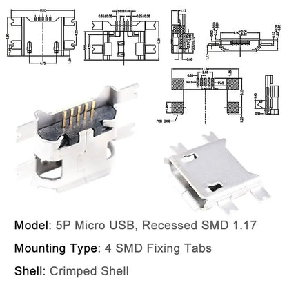 10PCS Micro USB Android Female Charging Socket, Flat Edge Crimped Type, 5Pin, 4 Mounting Pins, SMD & DIP Tail Connector