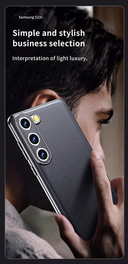 Genuine Cowhide Leather Phone Case for Samsung Galaxy S25 S24 S23 Ultra S22 Plus S21 Note 20 Plating Shockproof Protector Cover