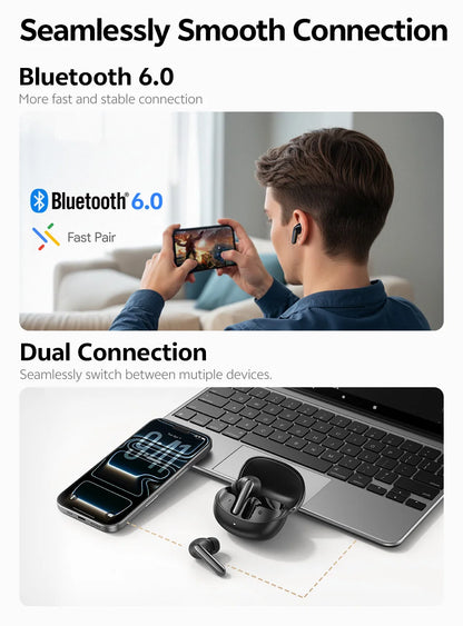 QCY BH25HT19A MeloBuds N60 Hybrid ANC Wireless Bluetooth 6.0 Earbuds LDAC Hi-Res Audio Dual Driver Headphone Bass Boost Earphone
