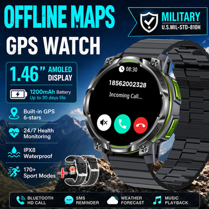 Men Outdoor GPS Smartwatch Offline Map 107 Sport Modes 1200mAh Battery BT Call Heart Rate BP SpO2 Fitness Sports Wrist Watch