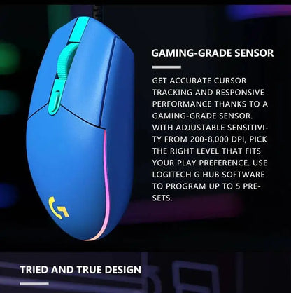 Logitech G203 Prodigy Wired Gaming Mouse 8000 DPI RGB Lighting 6 Buttons On-Board Memory 2.1m Cable Windows ChromeOS