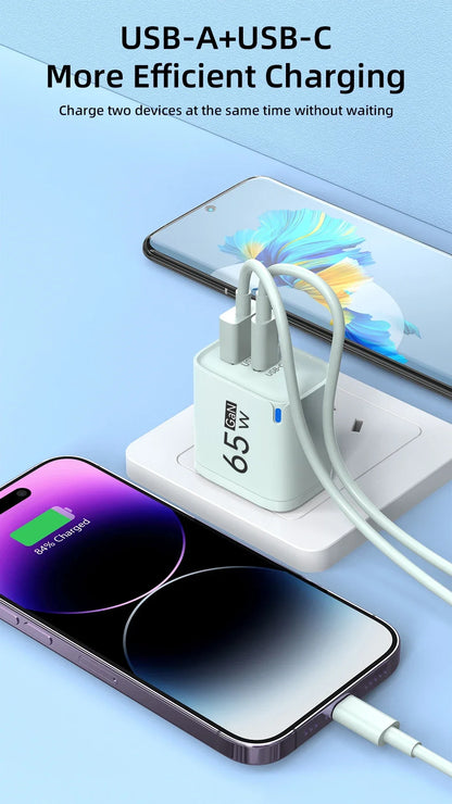 GaN 65W USB Type C Fast Charger 2 in 1 Portable Phone Wall Charger Quick Charge EU US UK Plug For iPhone Samsung Xiaomi Huawei