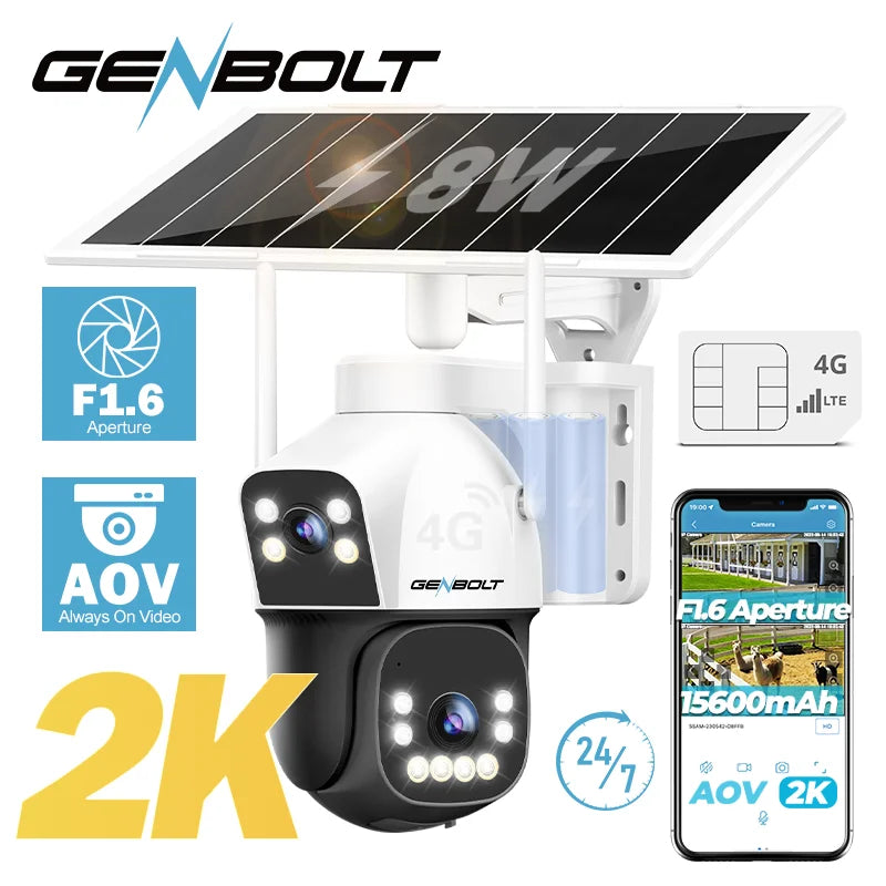 2K 4G Solar Security Camera Outdoor, Dual Lens Spotlight Color Night Vision AOV 24/7 Recording, with SIM, 8W 15600mAh GENBOLT