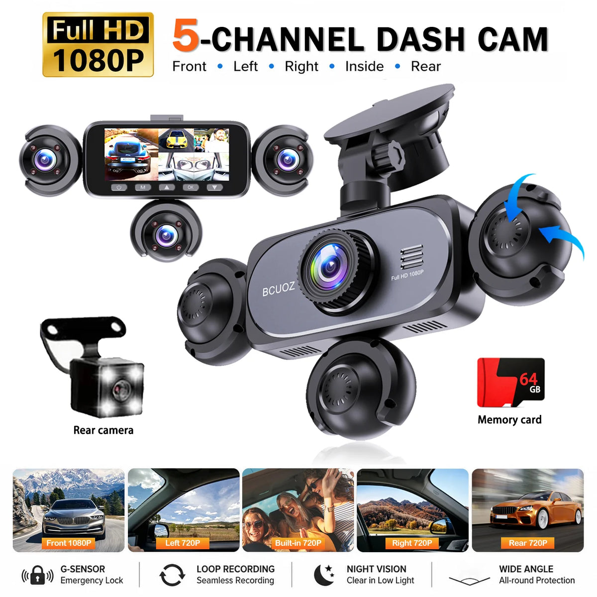 BCUOZ 360° Dashcam 5-Lens 1080P Front 720P Rear Left Right Car Cameras Super Night Vision G-Sensor WDR Loop Recording 12-24V Plug Power Supply Optional 64GB Memory Card